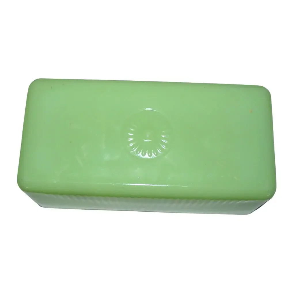 McK Jadeite Green Uranium Glass Butter Dish Lid Ribbed Sides Sunburst Top Vtg